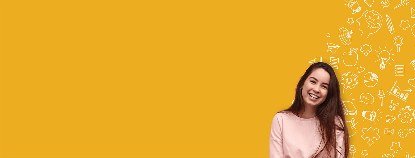 Female student happy infographic with yellow background